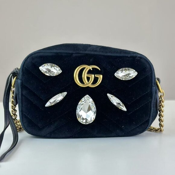 Gucci Handbags - Gucci Black Velvet Diamond Small Marmont Shoulder Bag Crossbody